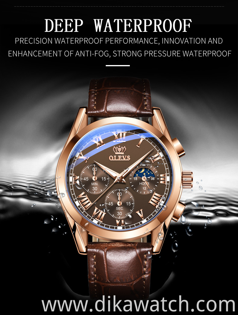 OLEVS Watch 2871 Multifunctional Sports Fashion Genuine Leather Wristwatch Chronograph Waterproof Luminous Men's Watch